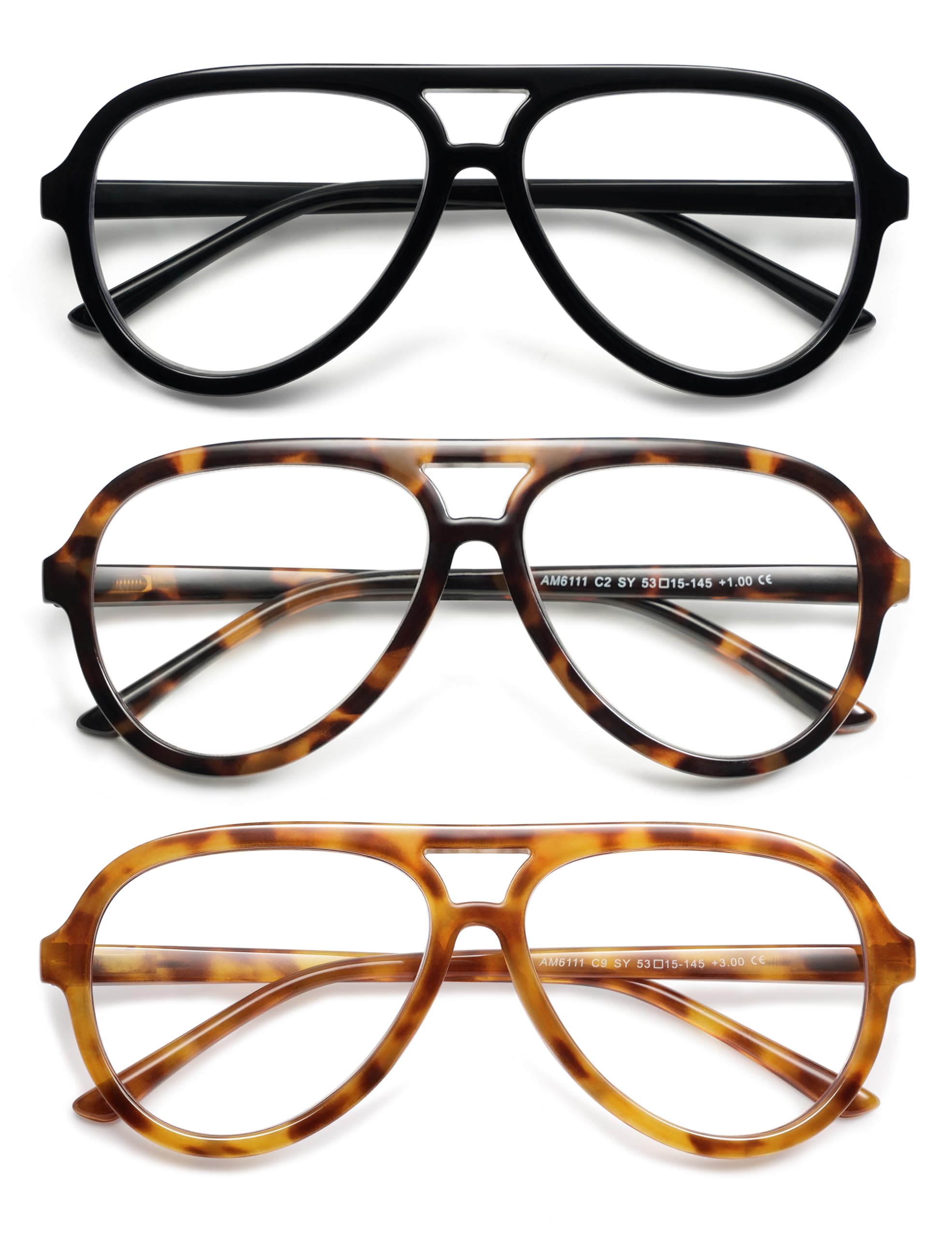AMOMOMA 3 Pack Retro Oversized Aviator Reading Glasses for Women Men,Classic Large Reader Blue Light Computer Frame AM6111