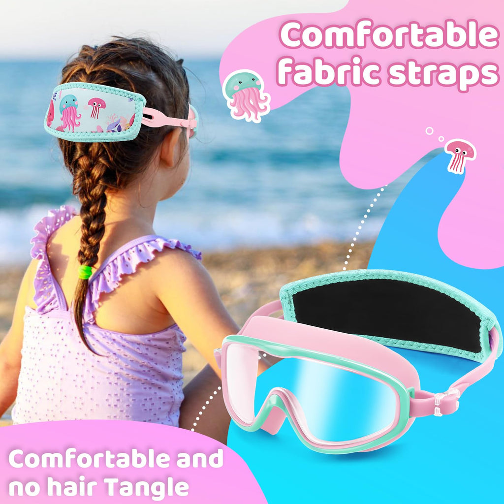 Vvinca Kids Swim Goggles with Fabric Strap No Tangle Pain-Free, Anti-Fog Swimming Pool Goggle No Leak for Toddlers Girls Boys