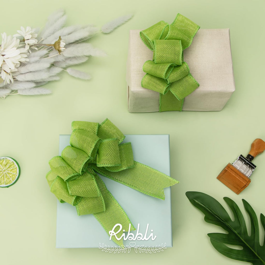 Ribbli Cinta con alambre de arpillera verde manzana, 1-1/2 pulgadas x 10 yardas, cinta con borde con alambre para lazo grande, corona, decoración de árbol, decoración al aire libre