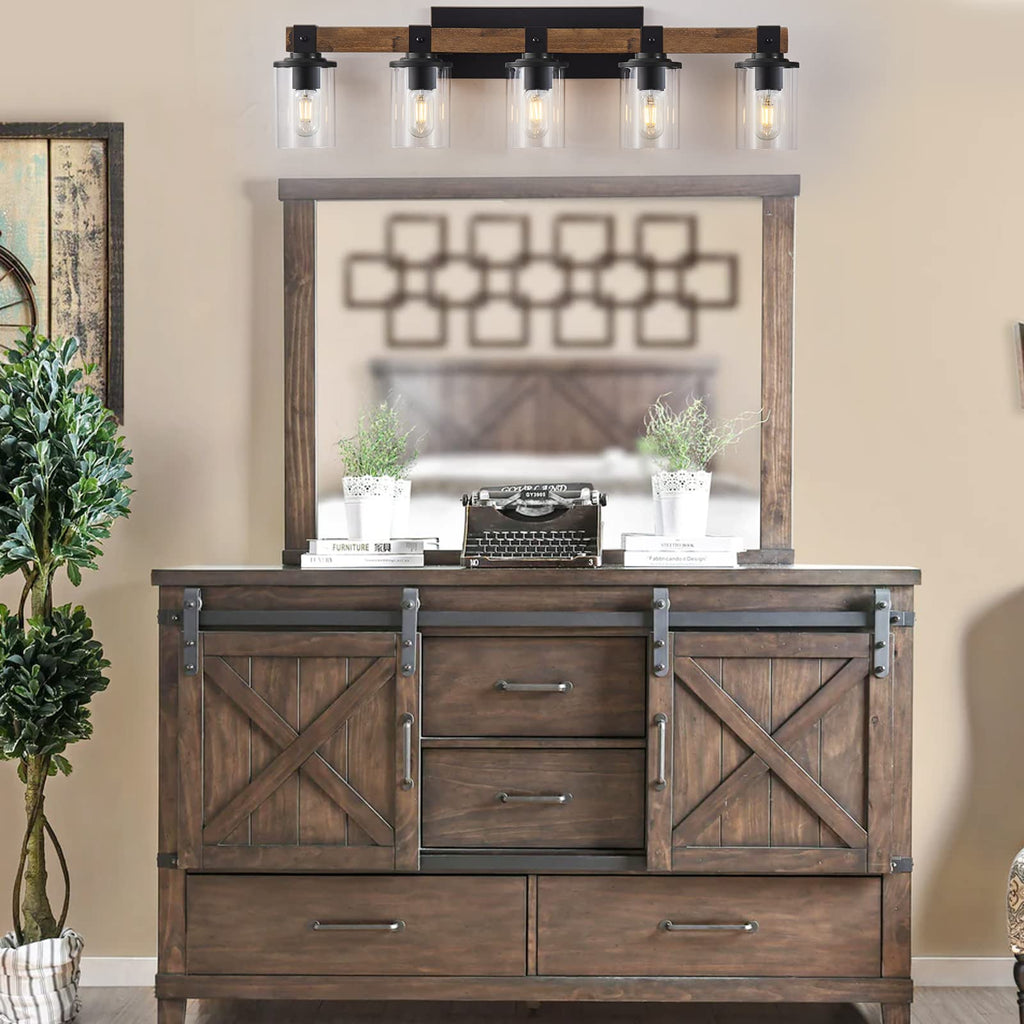 DUJAHMLAND Farmhouse Vanity Light Fixture,3-Light Bathroom Wood Wall Light Over Mirror with Clear Glass Shade, Rustic Vintage Wall Sconce Lighting.(Antique Wood, 3-Light)