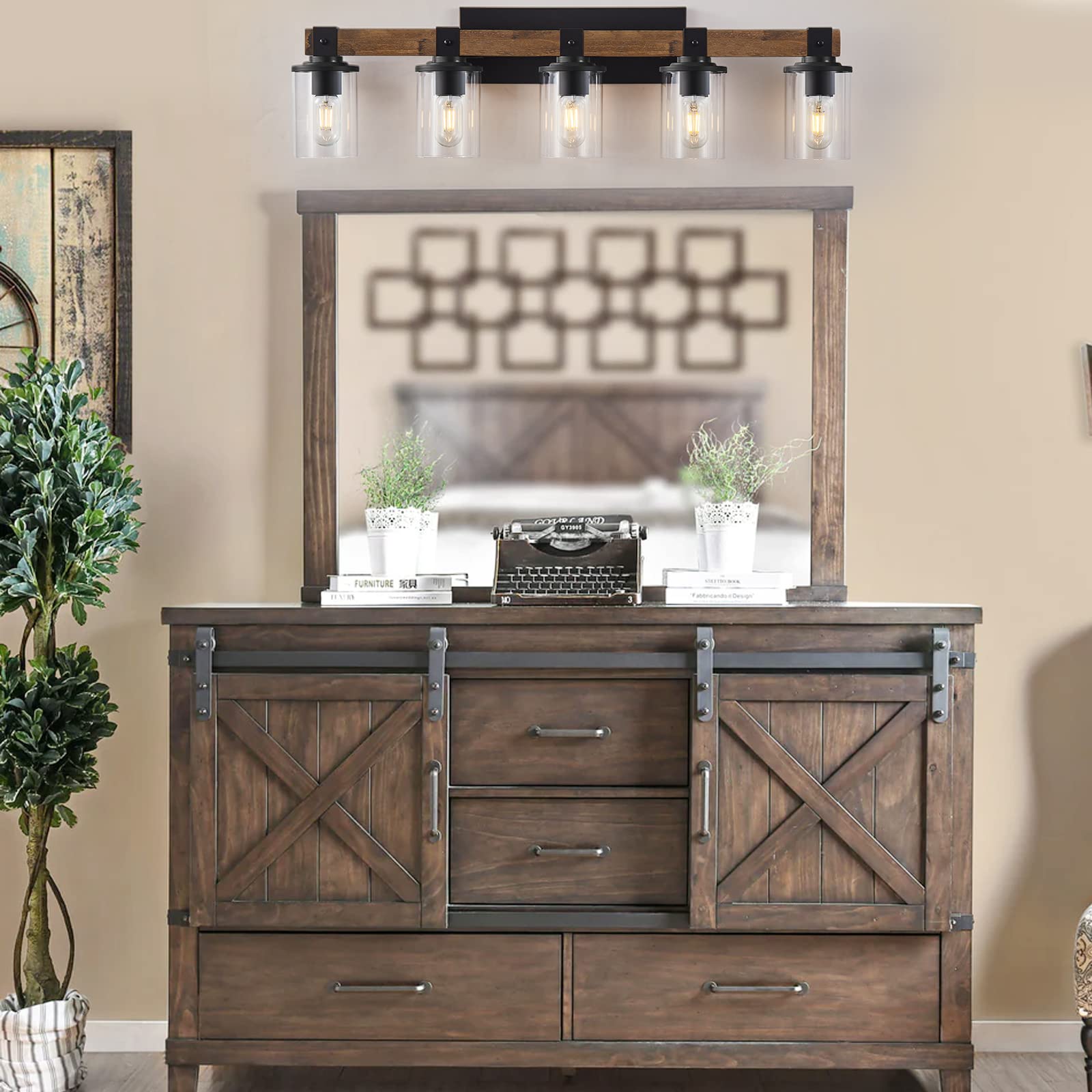 DUJAHMLAND Farmhouse Vanity Light Fixture,3-Light Bathroom Wood Wall Light Over Mirror with Clear Glass Shade, Rustic Vintage Wall Sconce Lighting.(Antique Wood, 3-Light)