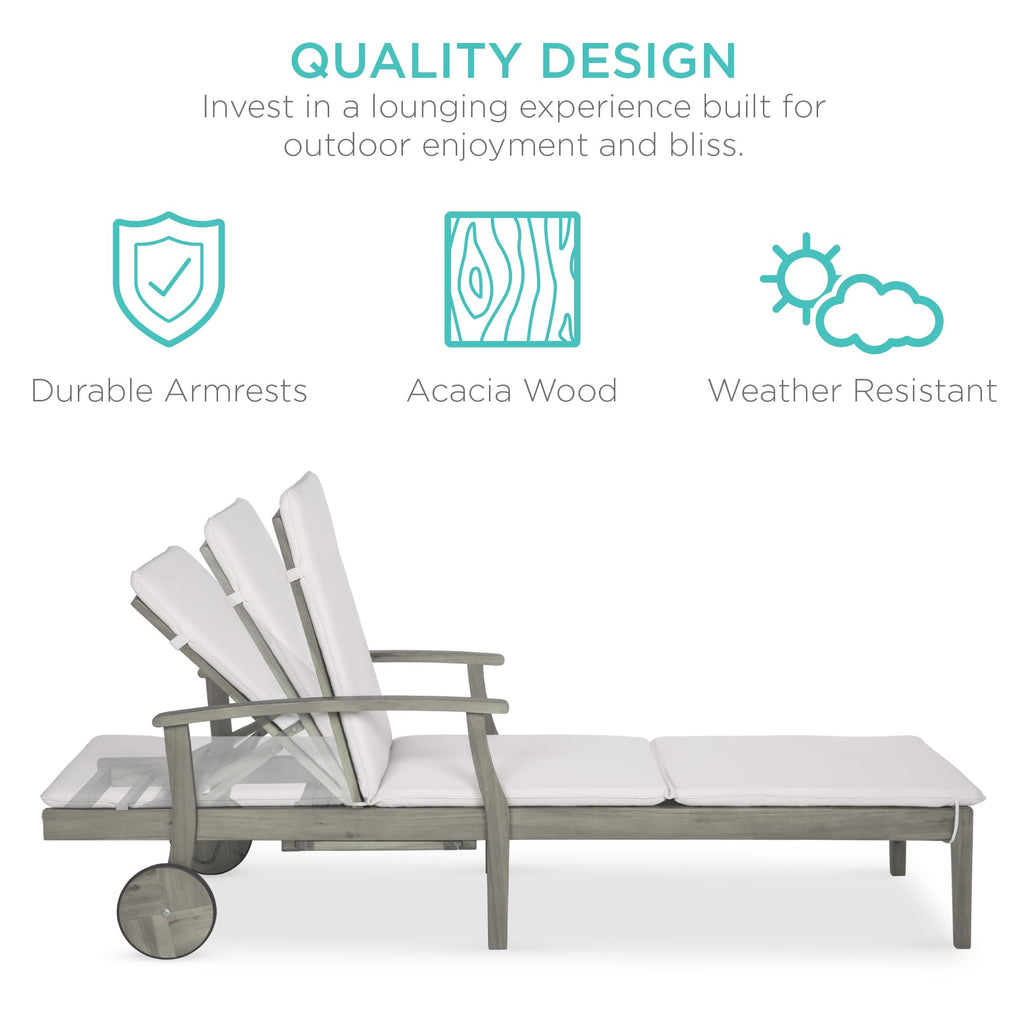 Best Choice Products 79x26in Acacia Wood Chaise Lounge Chair Recliner, Outdoor Furniture for Patio, Poolside w/Slide-Out Side Table, Foam-Padded Cushion, Adjustable Backrest, Wheels - Gray/Cream