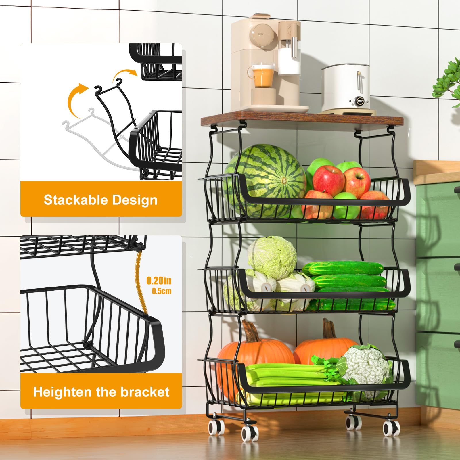 Gsiekare Fruit Vegetable Basket for Kitchen, 4 Tier Stackable Fruit Vegetable Storage Baskets with Wheels, Metal Wire Storage Basket Organizer Baskets for Kitchen, Pantry, Bathroom