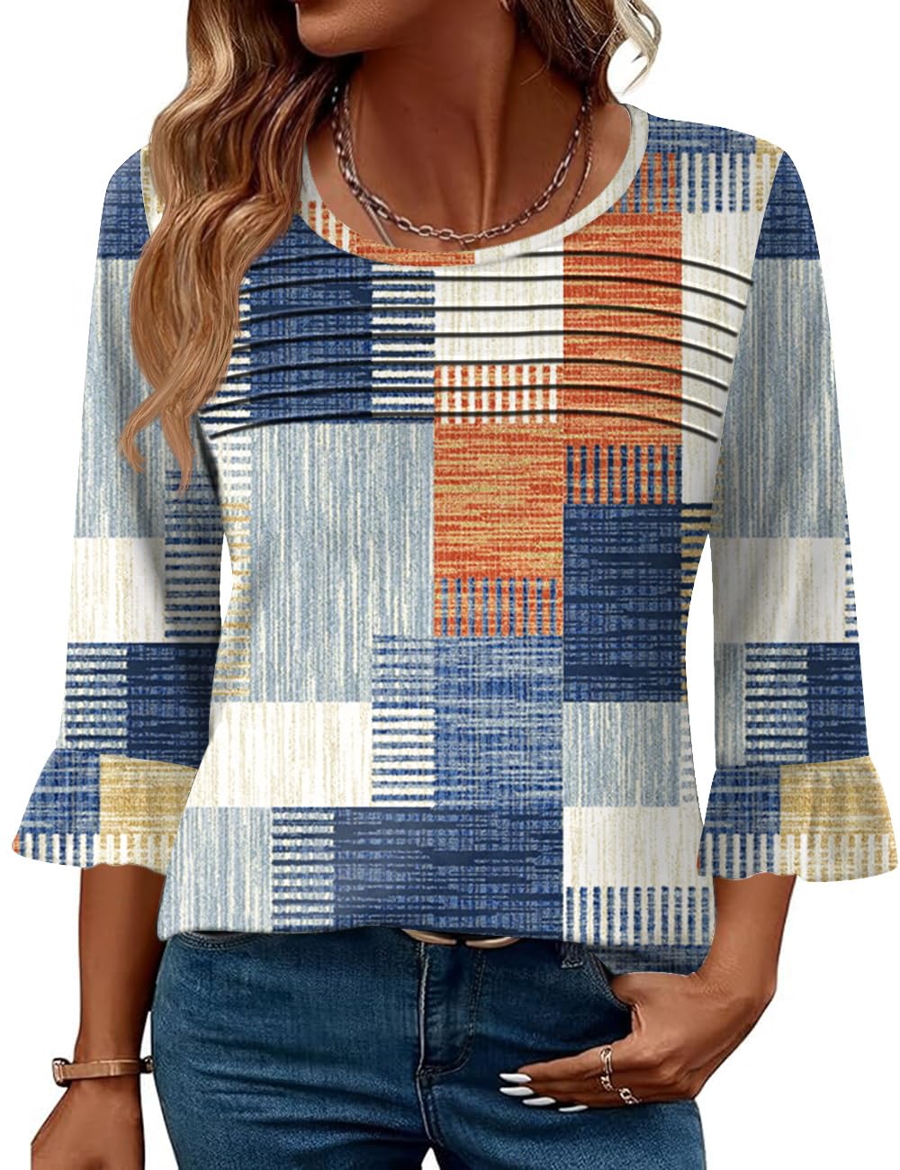 Blingfit Womens Tops 3/4 Length Sleeve Dressy Casual Shirts Bell Sleeve Front Pleated Fasion Trendy Summer Blouses 2026