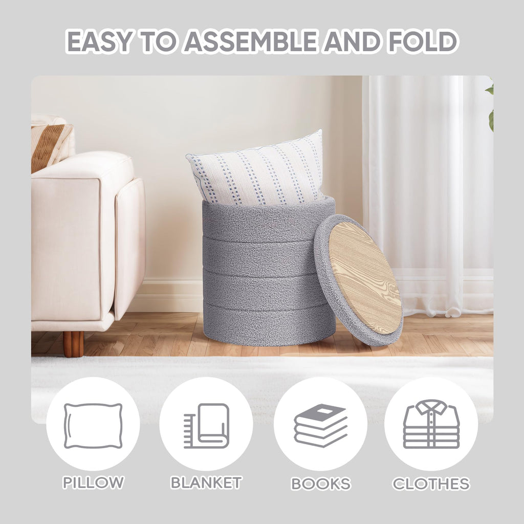 PINPLUS Round Storage Ottoman Foot Rest Stool with Tray Velvet Sherpa Folding Storage Ottoman,Boucle Foot Rest for Living Room, Bedroom, Dorm（Beige）
