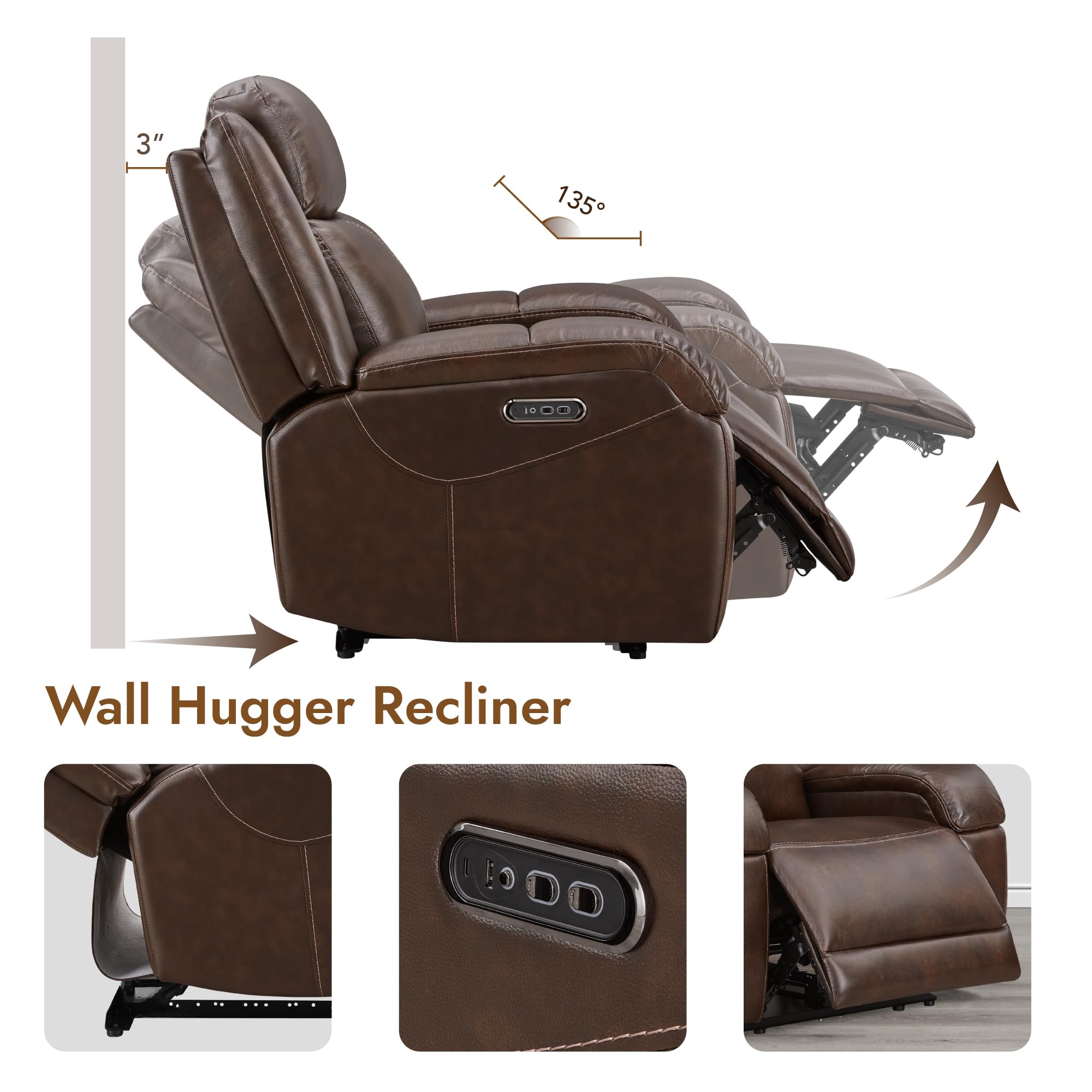 Watson & Whitely Genuine Leather Power Recliner Chairs for Adults, Wall Hugger RV Recliner with Power Headrest & Charging Ports, Electric Recliner Sofa Chair for Living Room, Black