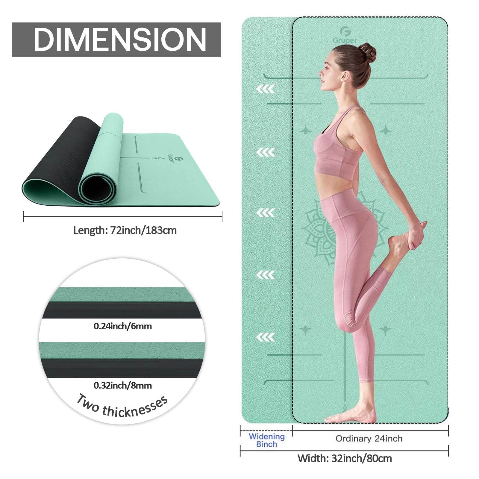 Gruper Yoga Mat Non Slip TPE Extra Wide Yoga Mat with Alignment Mark, 72"L x 32"W x 0.32"/0.24"Th (183cm x 80cm x 8mm/6mm), Anti-Tear Exercise Mat with Carrying Strap and Bag, Workout Mats for Yoga, Pilates