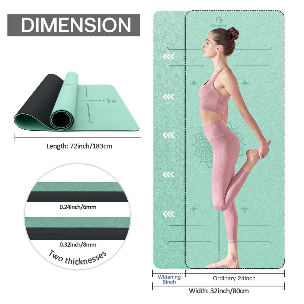 Gruper Yoga Mat Non Slip TPE Extra Wide Yoga Mat with Alignment Mark, 72"L x 32"W x 0.32"/0.24"Th (183cm x 80cm x 8mm/6mm), Anti-Tear Exercise Mat with Carrying Strap and Bag, Workout Mats for Yoga, Pilates