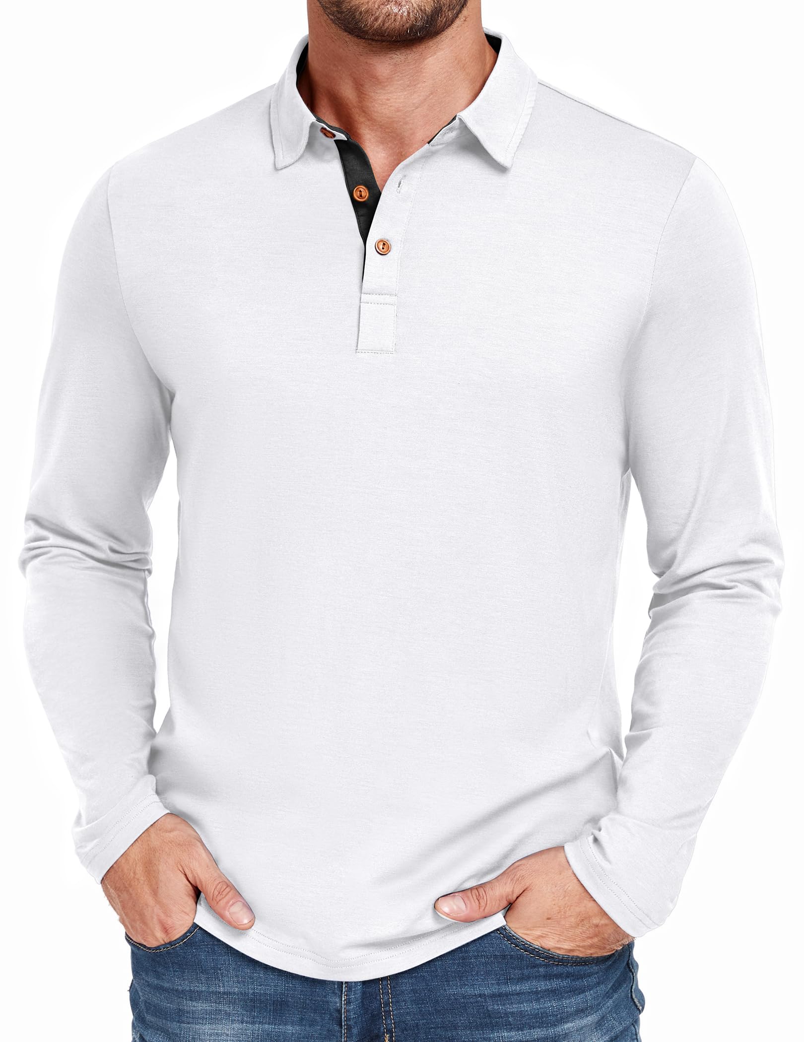 PEGENO Mens Polo Short/Long Sleeve Shirt Classic Button Basic Solid Color Designed Collared Polo Shirt Fashion Casual Shirts