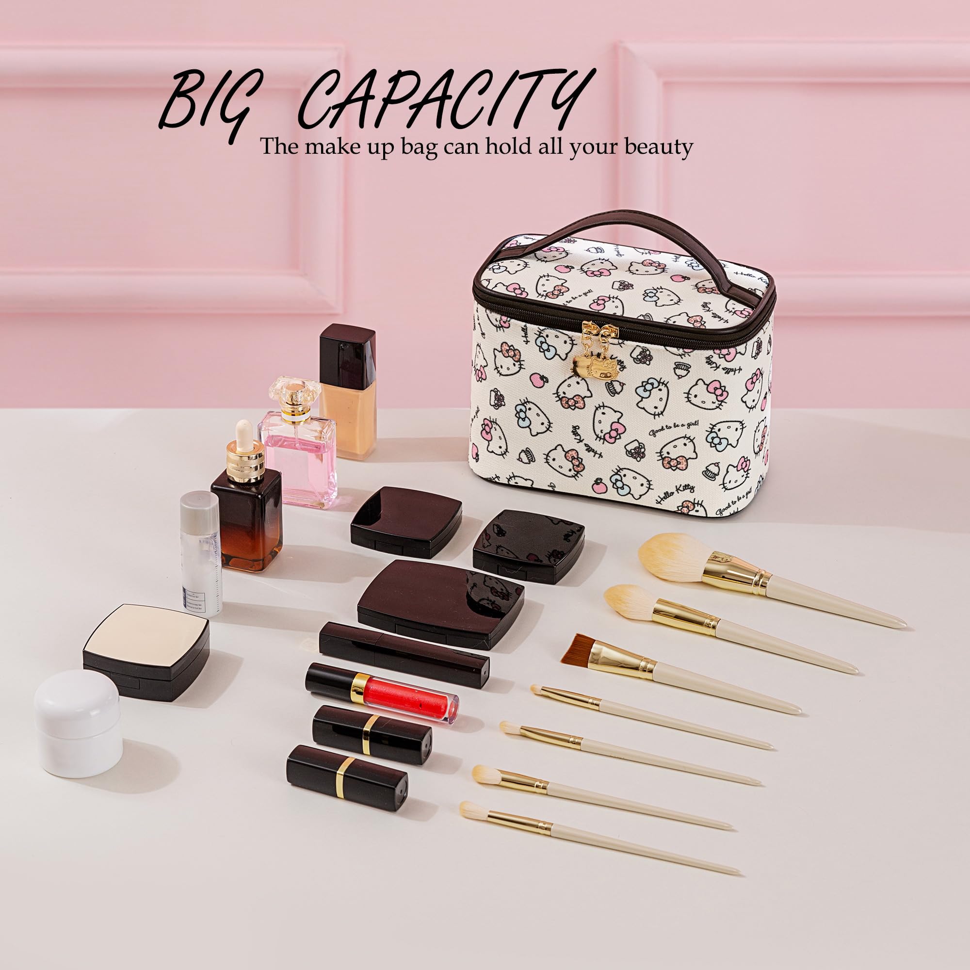 AmBealla Makeup Bag Large Waterproof Cosmetic Bags with Makeup Brush Holder,Cute Printed Makeup Organizer for Women Traveling,Portable Toiletry Bag for Girls