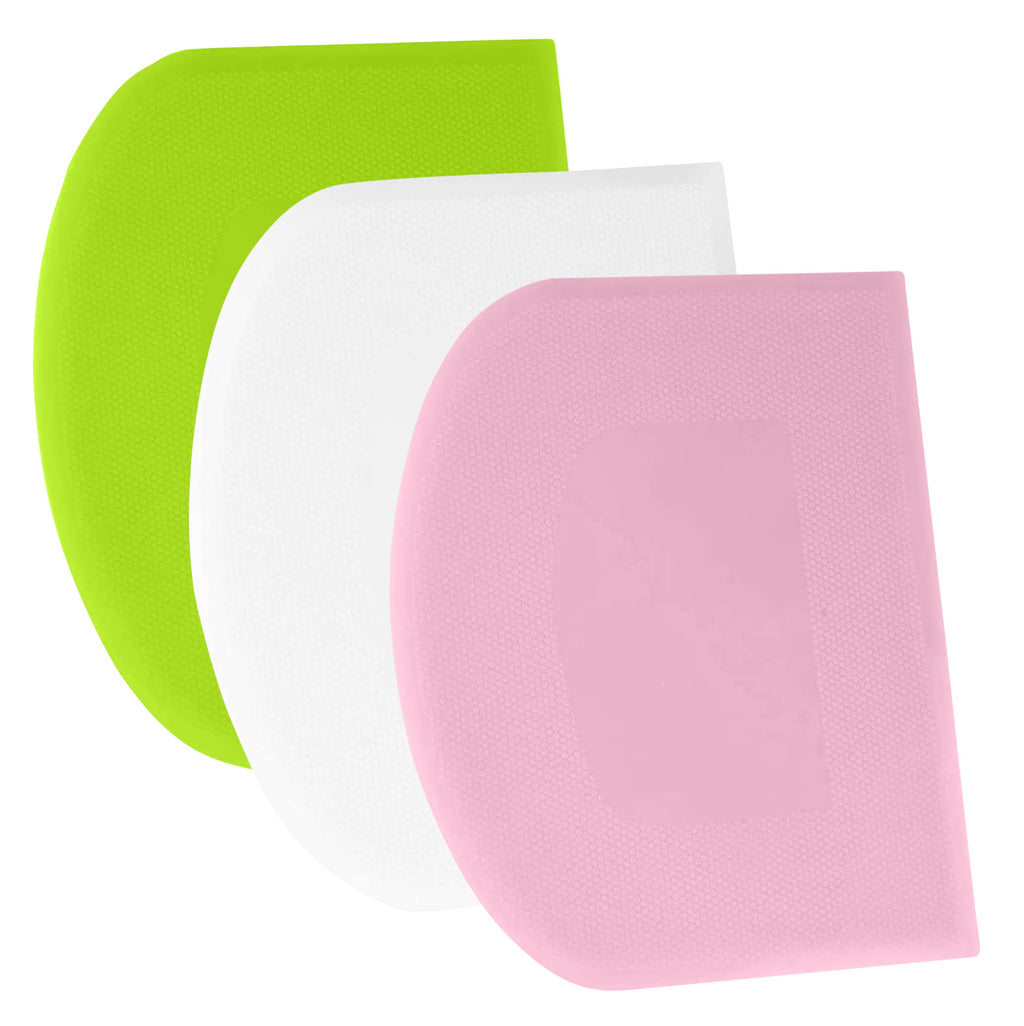 SURDOCA Dough Scraper Bench Scraper - 3P 4.7x3.7" Plastic Flexible Bowl Scraper, Sharp Edge & Angles Cake Scraper. Non-Slip Bakeware Decorating Tools Sculpting & Modeling Tools - Blue+White+Pink