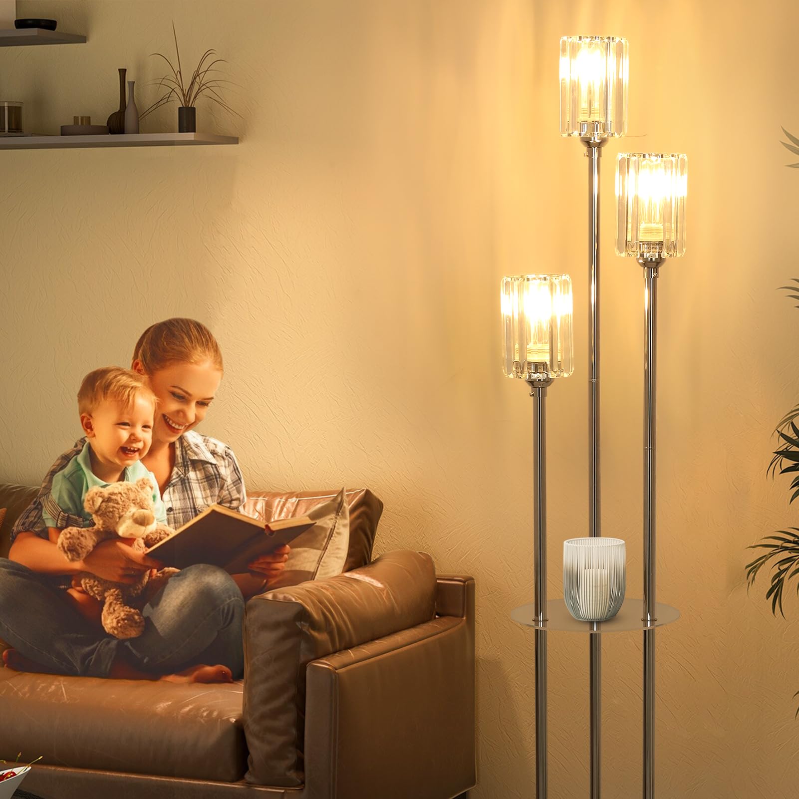 HMVPL Gold Floor Lamps for Living Room, Modern Floor Lamp with Shelves, Crystal Standing Lamps with Table, Brass Tall Lamp with Crystal Shade, On/Off Switch, Mid Century Corner Floor Lamp for Bedroom