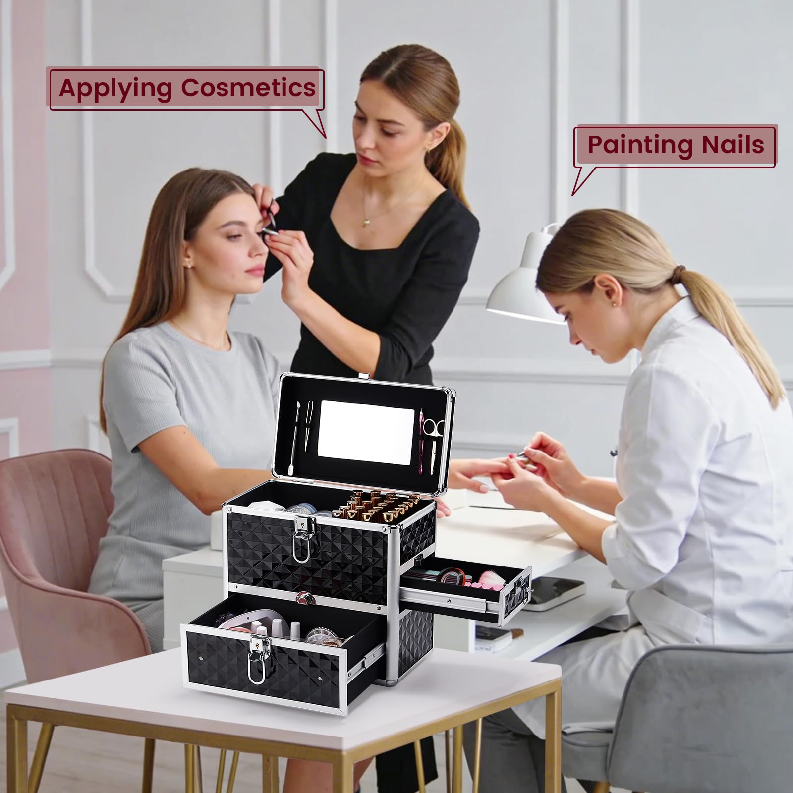 Frenessa Nail Polish Makeup Train Case with Drawer and Dividers Manicure Organizer Accessory Storage Makeup Box With Mirror Lockable Keys Nail Kit Organizer Cosmetic Case Jewelry Box - Black