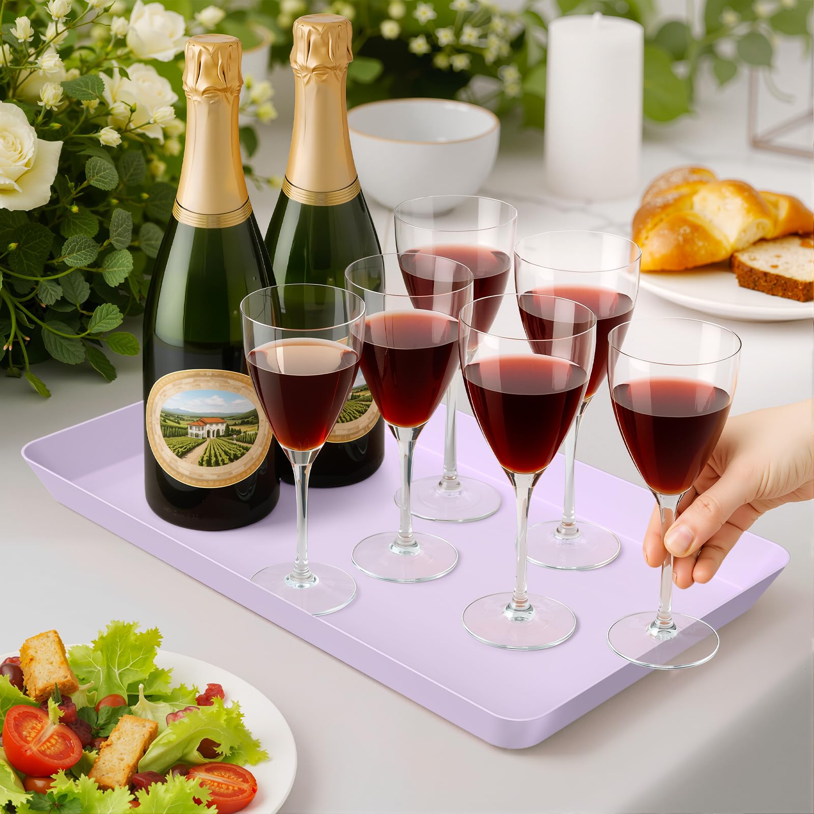WOWBOX 4 pcs Serving Tray for Entertaining, Serving Platters for Snacks, Fruit, Cookies, Dessert, Reusable Plastic Trays for Serving Food, (White, Black, Green, Red)