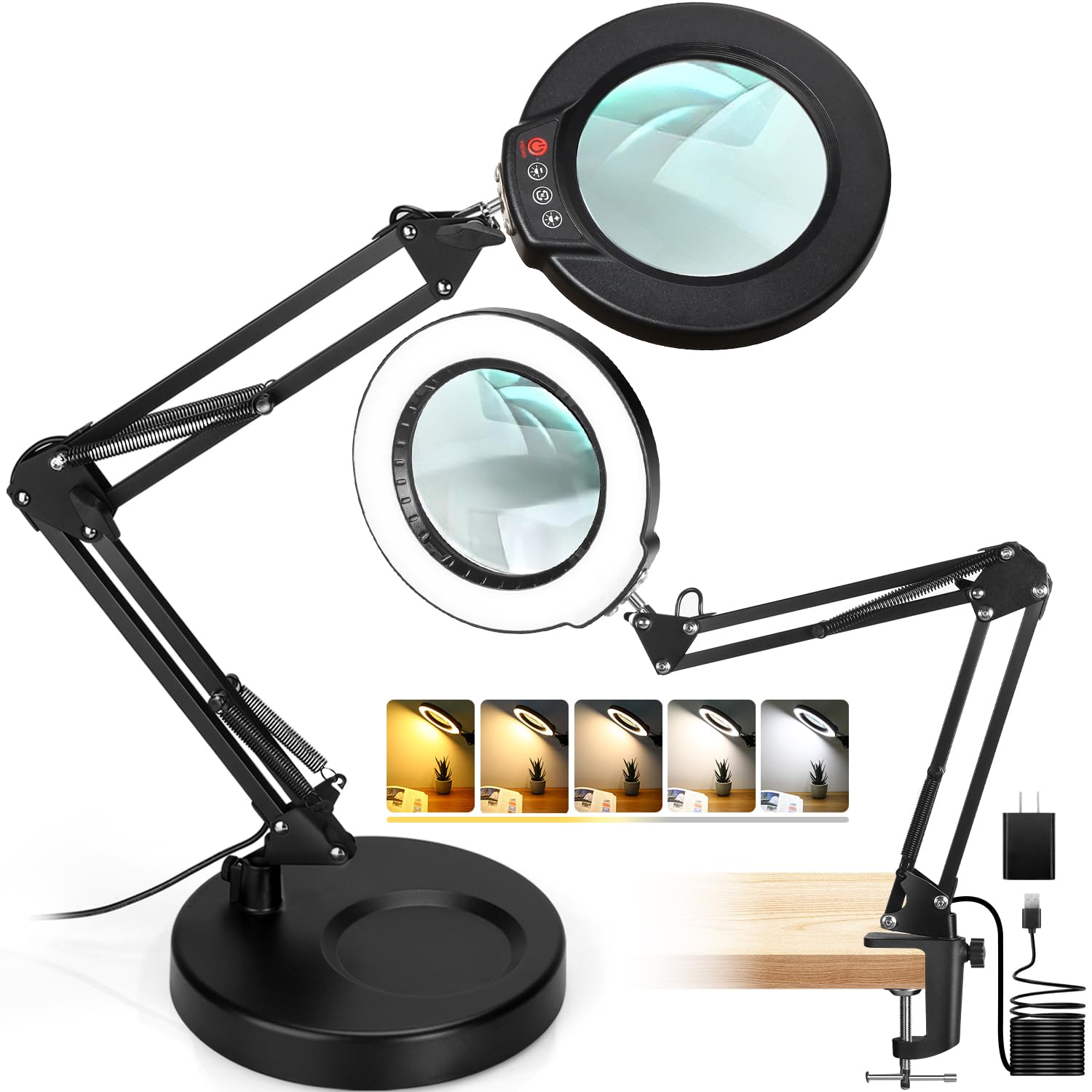 12X Magnifying Glass with Light and Stand, Real Glass, 5 Color Modes, Brightness Stepless Dimmable Lighted Magnifier Hands Free, 2-in-1 Desk Lamp & Clamp Light, Magnifier Lamp for Close Work, Reading