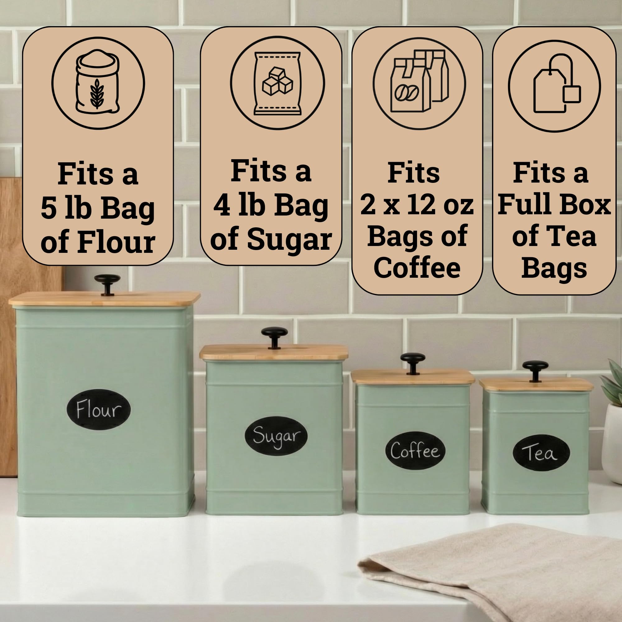 Kitchen Canisters for Countertop Set of 4 w/ Chalkboard Labels & Marker Pen | Airtight Easy Open Bamboo Lids, Dent-Resistant Thick Metal, Customizable Chalkboard Labels, Marker Pen Included, Set of 4