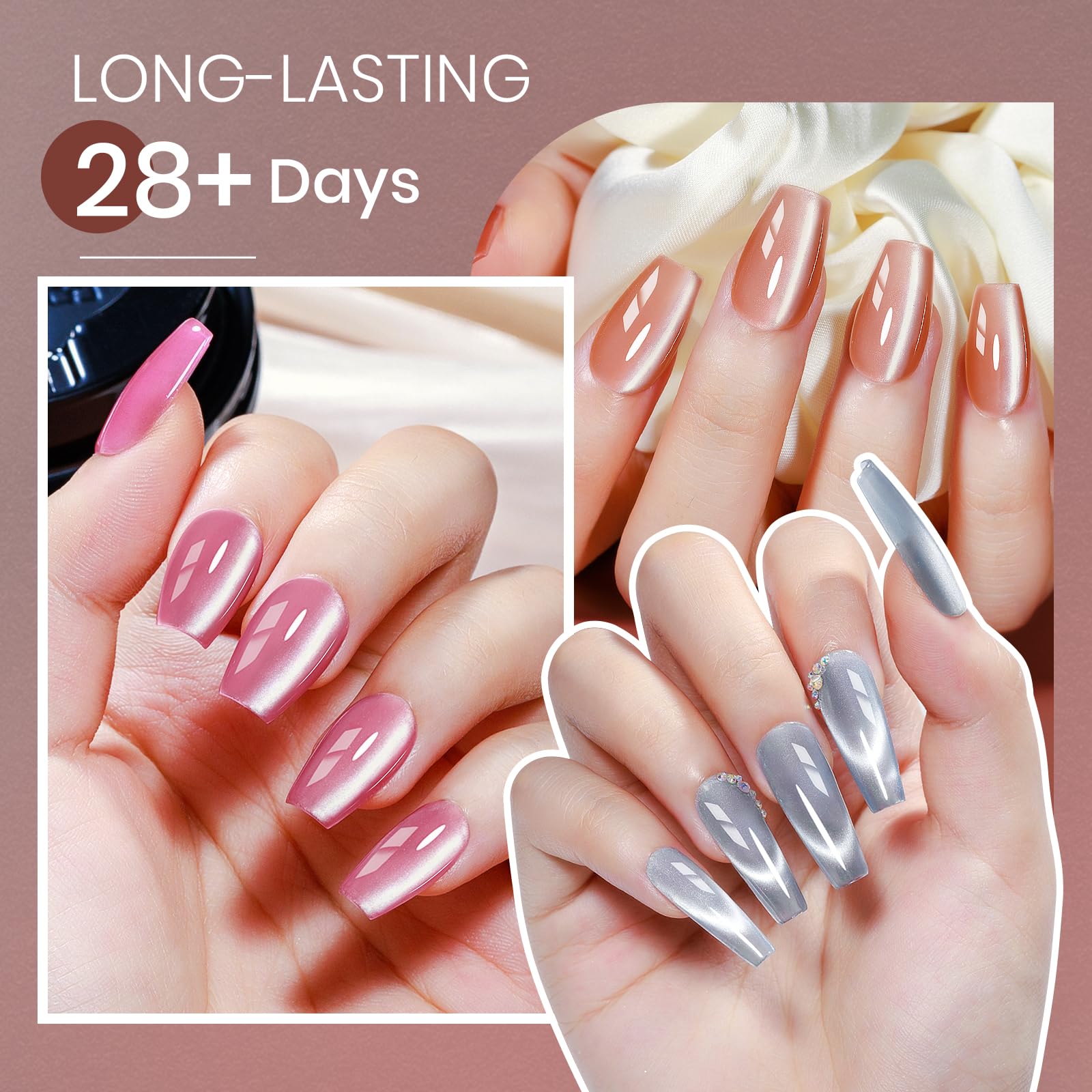 MIZHSE Cat Eye Gel Nail Polish, Moonlight Magnetic Gel Polish and Sheer Nude Nail Kit with 1 Magnet Stick, Glass Shiny Effect Silver Pink Purple Soak Off Manicure Home DIY