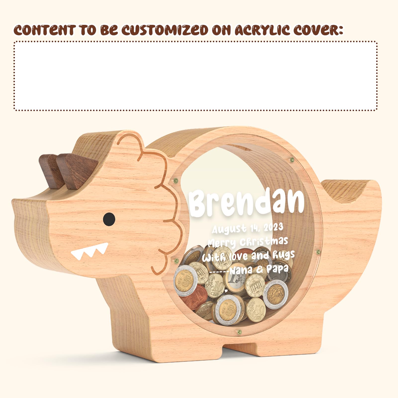 Summidate Wooden Dinosaur Piggy Bank for Kids Boys, Cute Wood Dino Money Bank for Toddlers, Creative Saving Coin Jar, Personalized Present for Child Birthday & Decor (Brachiosaurus, Custom)