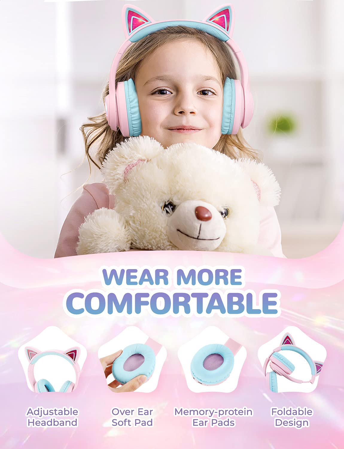 iClever Cat Ear Kids Bluetooth Headphones, LED Lights Up, 74/85dBA Safe Volume Limited, 50H Playtime,Bluetooth 5.2, USB C,Kids Headphones Wireless Over Ear for Travel iPad Tablet, Meow Macaron-Purple
