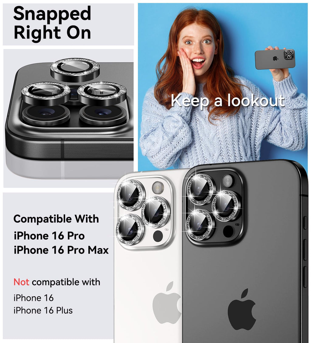 Matekxy Glitter Camera-Lens Protector for iPhone-16 Pro-Max - 16 Pro Anti-Scratch Tempered Glass with Aluminum Edging, Cute Girly Metal Individual Bling Ring Cover for Women, Black Titanium