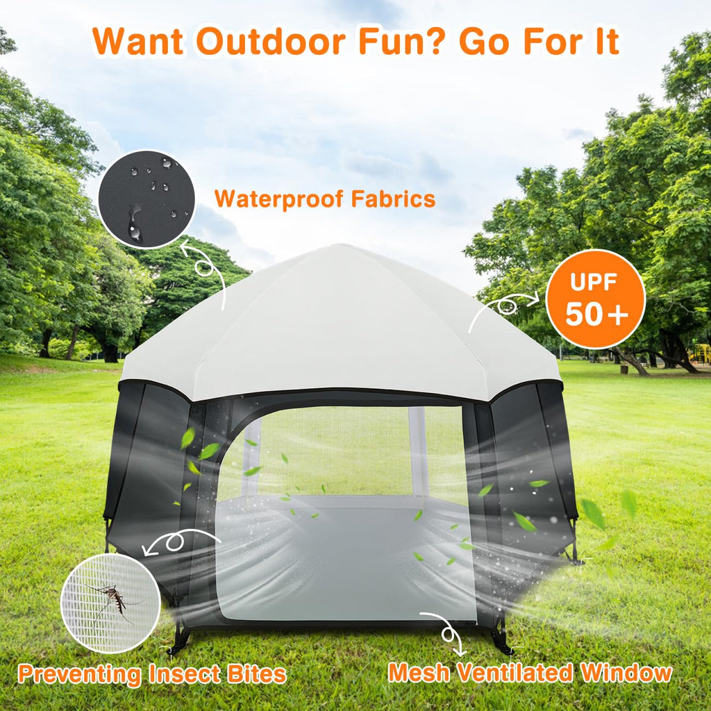 Pop Up Playpen for Baby, Portable Playpen for Babies and Toddlers with Removable Sun-Shades& 2 Side UV Covers, Lightweight Outdoor Baby Play-Pen for Beach Home with Travel Bag, Beige