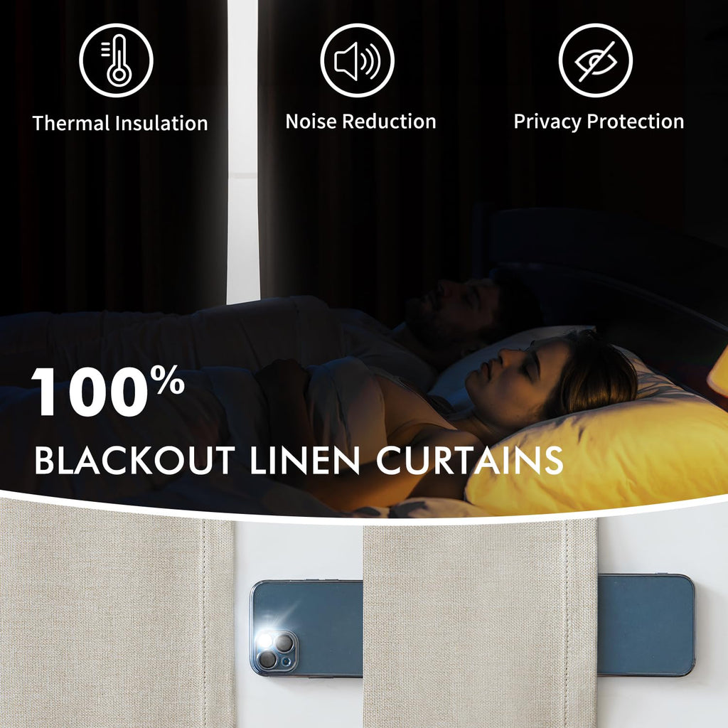 MIULEE Linen Pinch Pleated 100% Blackout Curtains for Bedroom 84 Inch Long 2 Panels Set- Back Tab Track Beige Thermal Insulated Cream Black Out Triple Pleat Room Darkening Drapes with Hooks, Greige