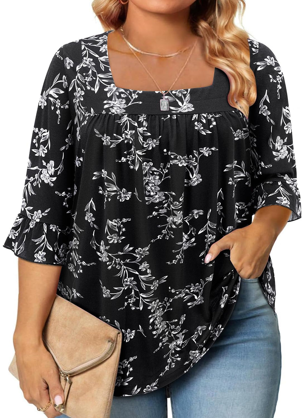 Siddhe Womens Plus Size Tops Loose Fit 3/4 Ruffle Sleeve Blouses Square Neck T Shirt Casual Tunic Tops(1X-5X)