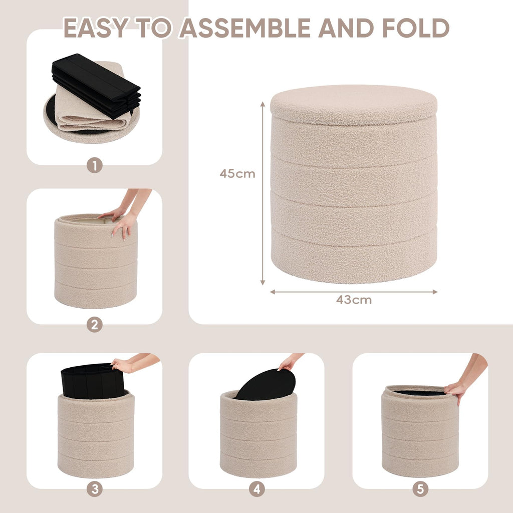 PINPLUS Round Storage Ottoman Foot Rest Stool with Tray Velvet Sherpa Folding Storage Ottoman,Boucle Foot Rest for Living Room, Bedroom, Dorm（Beige）