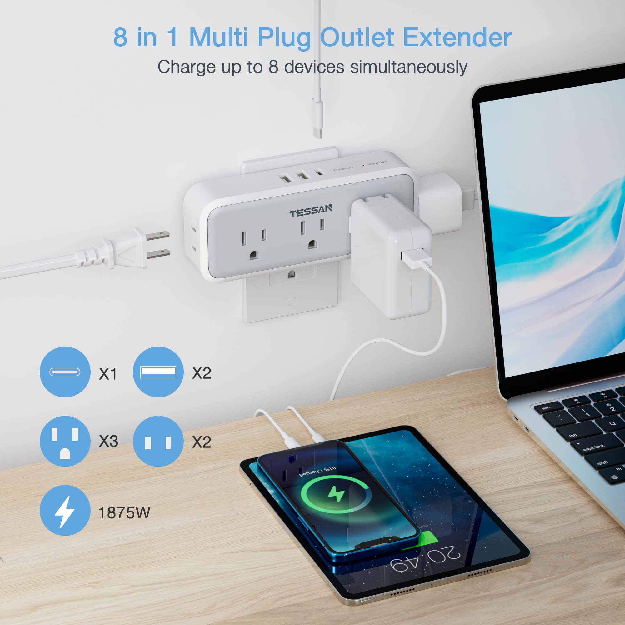 Multi Plug Outlet Extender, TESSAN Surge Protector Wall Plug Splitter with 5 Electrical Outlet Expander, Multiple Plug Adapter for Travel Home Office
