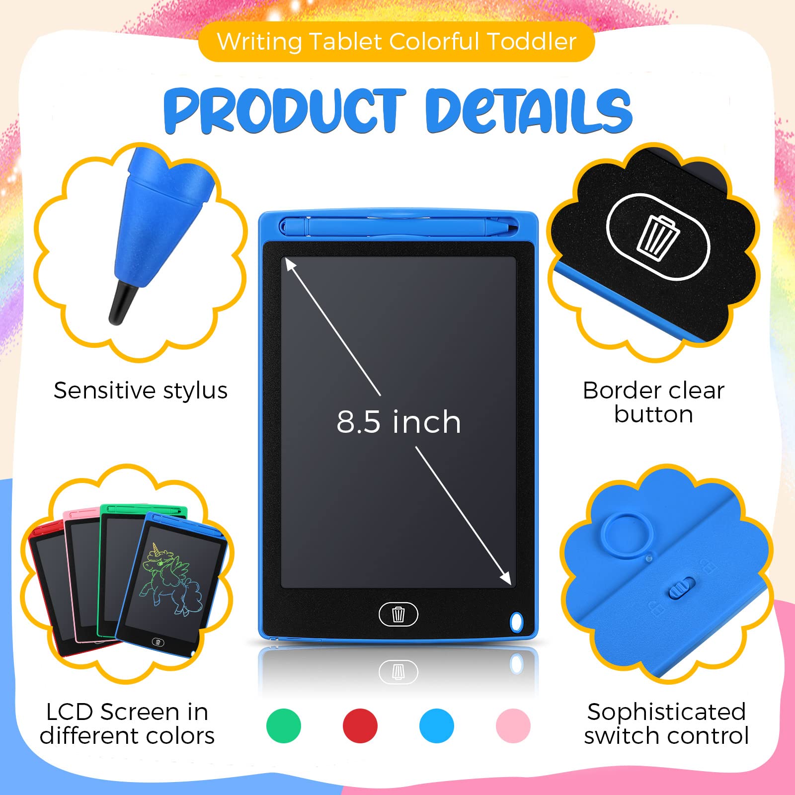 Epakh 16 PCS LCD Writing Tablet for Kids - 8.5 Inch Reusable Writing Board Drawing Doodle Pad Gift for Girl & Boy, Toddlers, Back to School, Birthday Party Favors(Black)