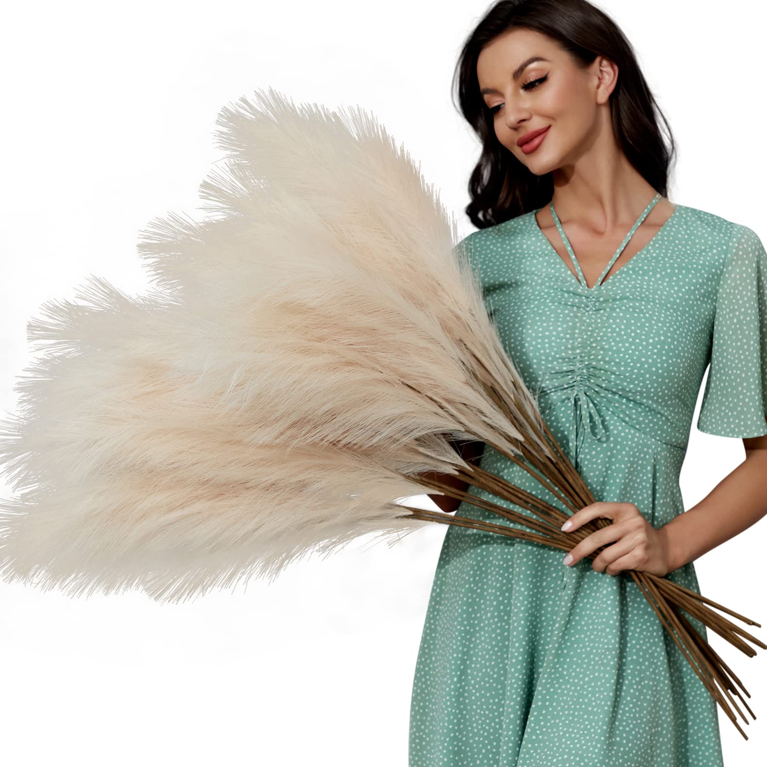 FOTEEWL 8 PCS Faux Pampas Grass Decor 38"/3.1FT Tall Fake Pompas Floral Large Artificial Pompous Grass Branches Plants for Floor Vase Filler Home Boho Decoration (Cream/Beige)