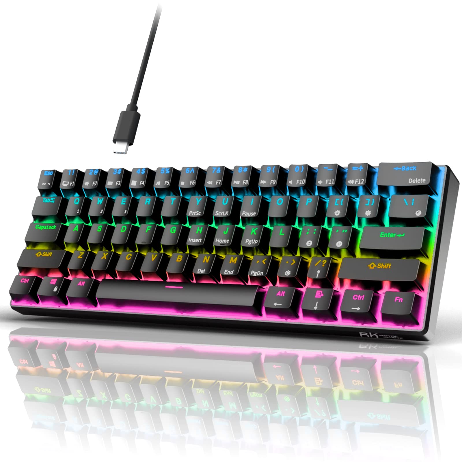RK ROYAL KLUDGE RK61 Wired 60% Mechanical Gaming Keyboard Programmable QMK/VIA RGB Backlit 61 Keys Ultra-Compact Hot Swappable Brown Switch Black
