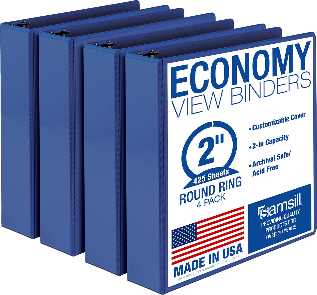 Samsill 1 Inch 3 Ring Binders, Economy Round Ring, Clear View Cover, 200 Sheet Capacity - for School, Home, Office - Blue, 4 Pack