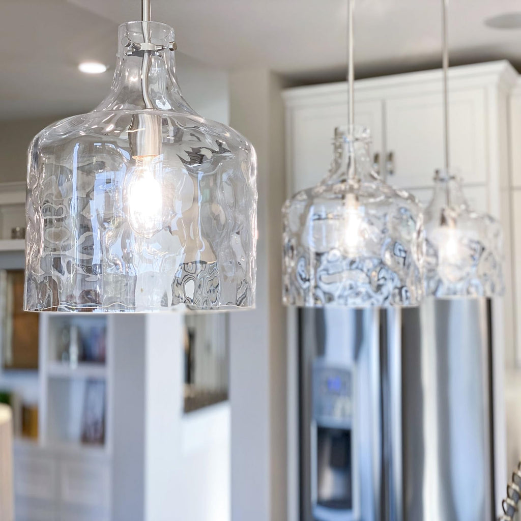Glass Large Pendant Lights for Kitchen Island Blown Glass Pendant Light Clear Hammered Shade Hanging Ceiling Lights with Black Finish for for Kitchen Island, Sink, Hallway, Living Room 11 inch