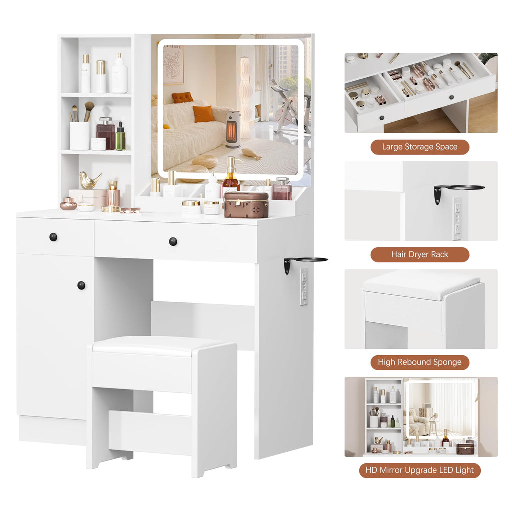 YIKEHOME Makeup Vanity Desk with Mirror and 10 Lights, 3-Colour Hollywood Brighter Bulbs, Vanity Table Set with Large Drawers and and Charging Station for Bedroom Dressing Room White