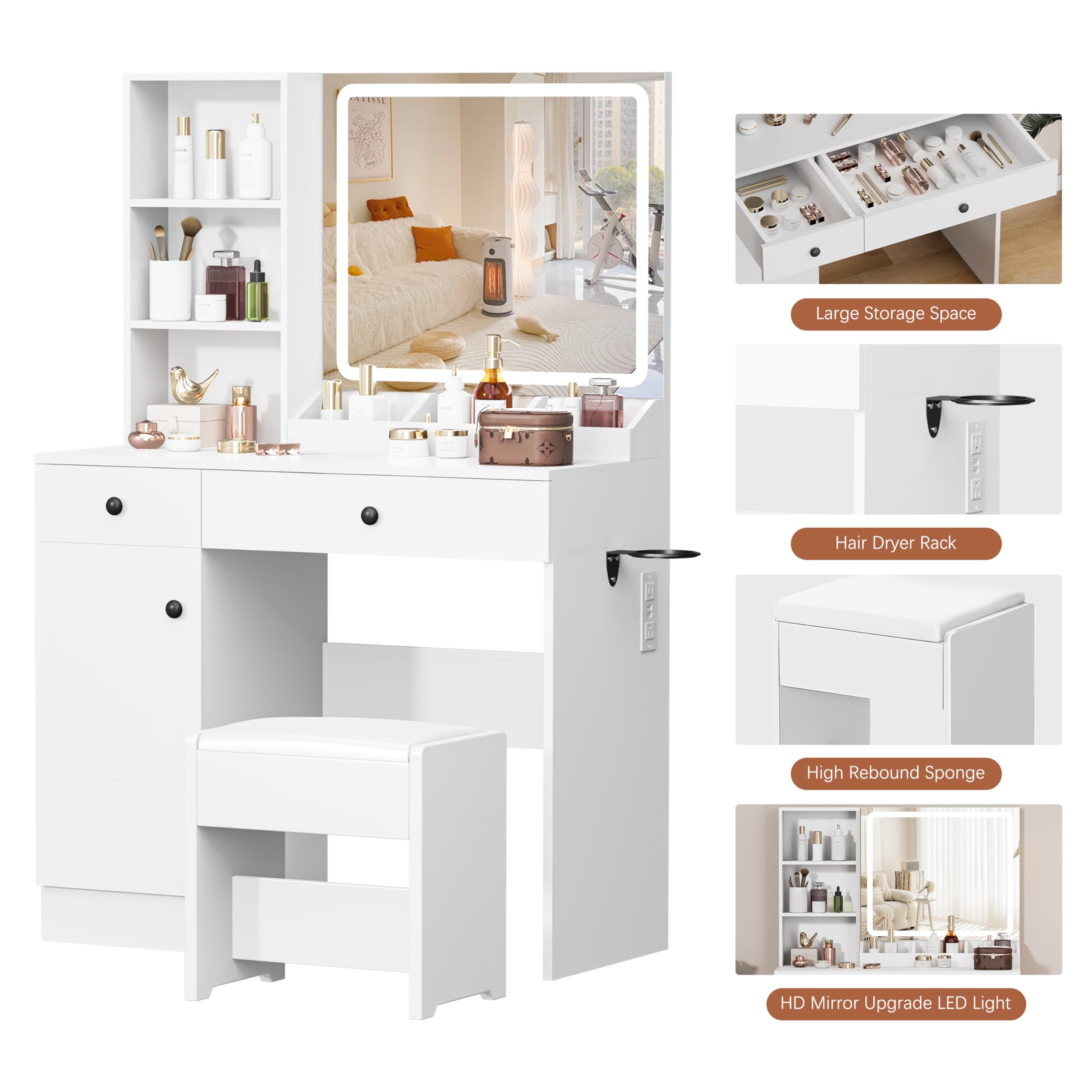 YIKEHOME Makeup Vanity Desk with Mirror and 10 Lights, 3-Colour Hollywood Brighter Bulbs, Vanity Table Set with Large Drawers and and Charging Station for Bedroom Dressing Room White