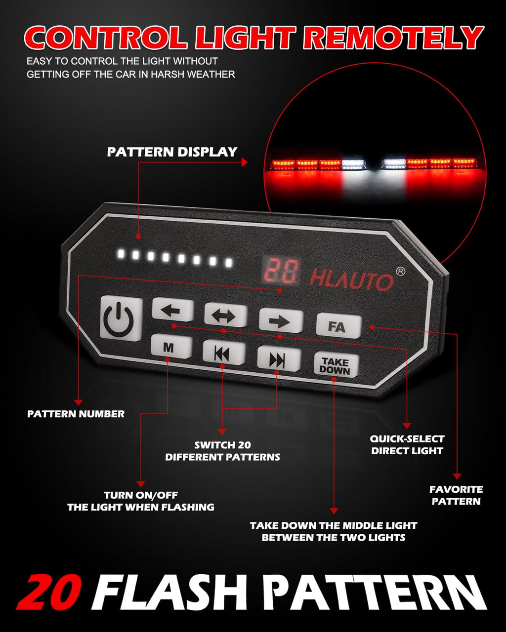 HLauto 604N Emergency Dash Strobe Lights: 2x16.8 inch Amber White Security Light w/Take Down, 48 LED Safety Flashing Warning Hazard Interior Windshield Light Bar for Truck Vehicle