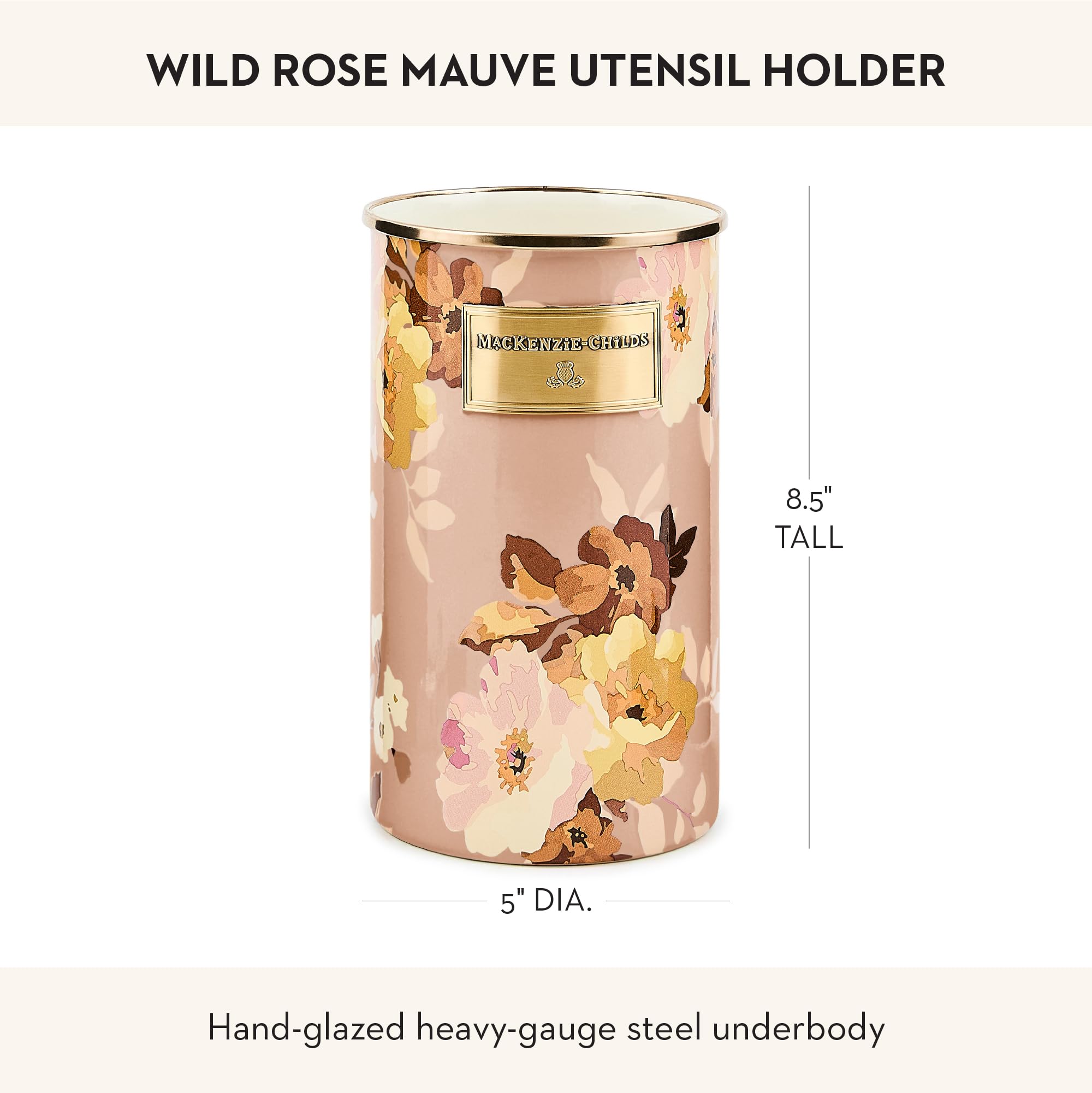 MACKENZIE-CHILDS Enamel Utensil Holder, Stylish Kitchen Countertop Organizer, Wild Rose Brown