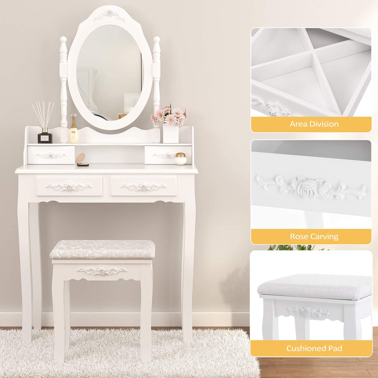 Alohappy Vanity Desk Set with Mirror & Stool for Girls, Makeup Vanity Table and Cushioned Stool Set with 4 Drawers, Wood Dressing Table for Bedroom (Pink)