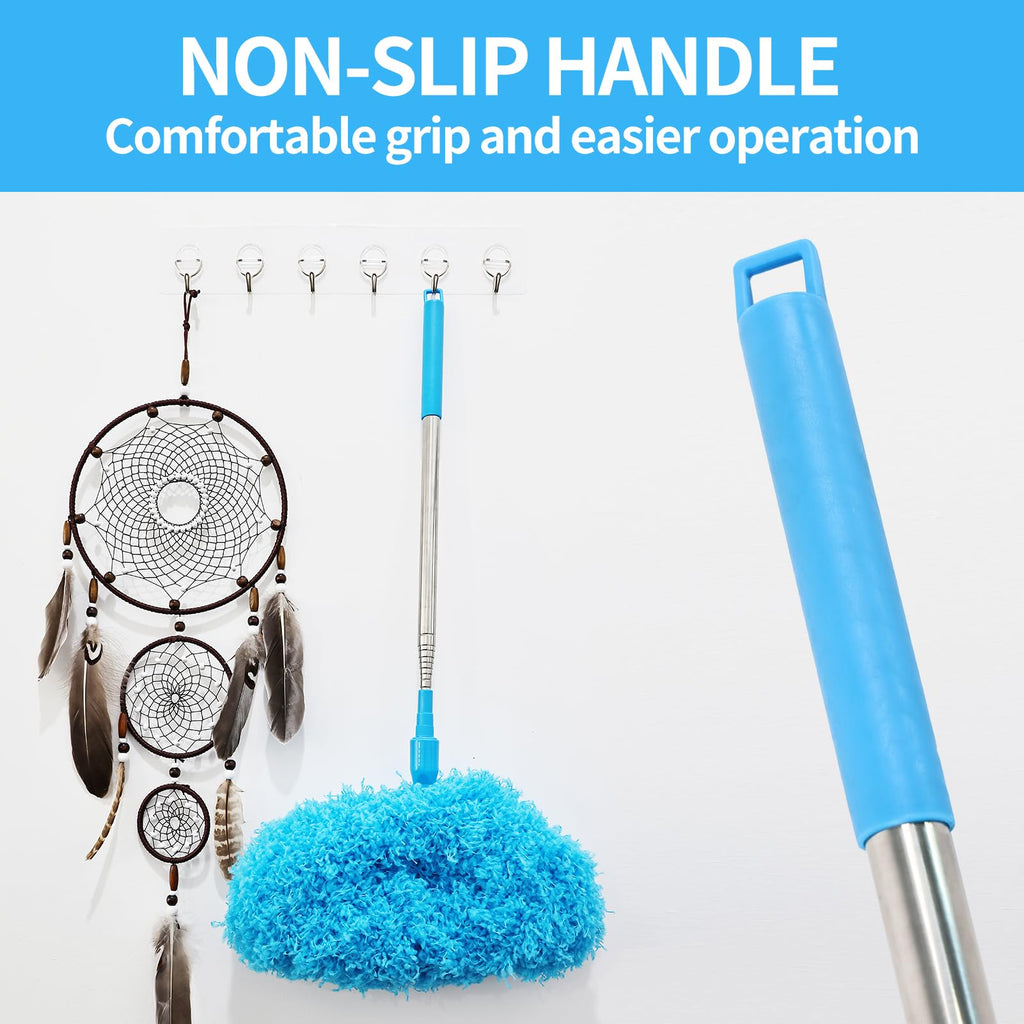 Ceiling Fan Cleaner Duster Reusable Microfiber Removable Duster with Extension Pole Adjusts 12 to 71 Inch for Cleaning Walls Bookshelves Furniture Door Window Top (Blue)