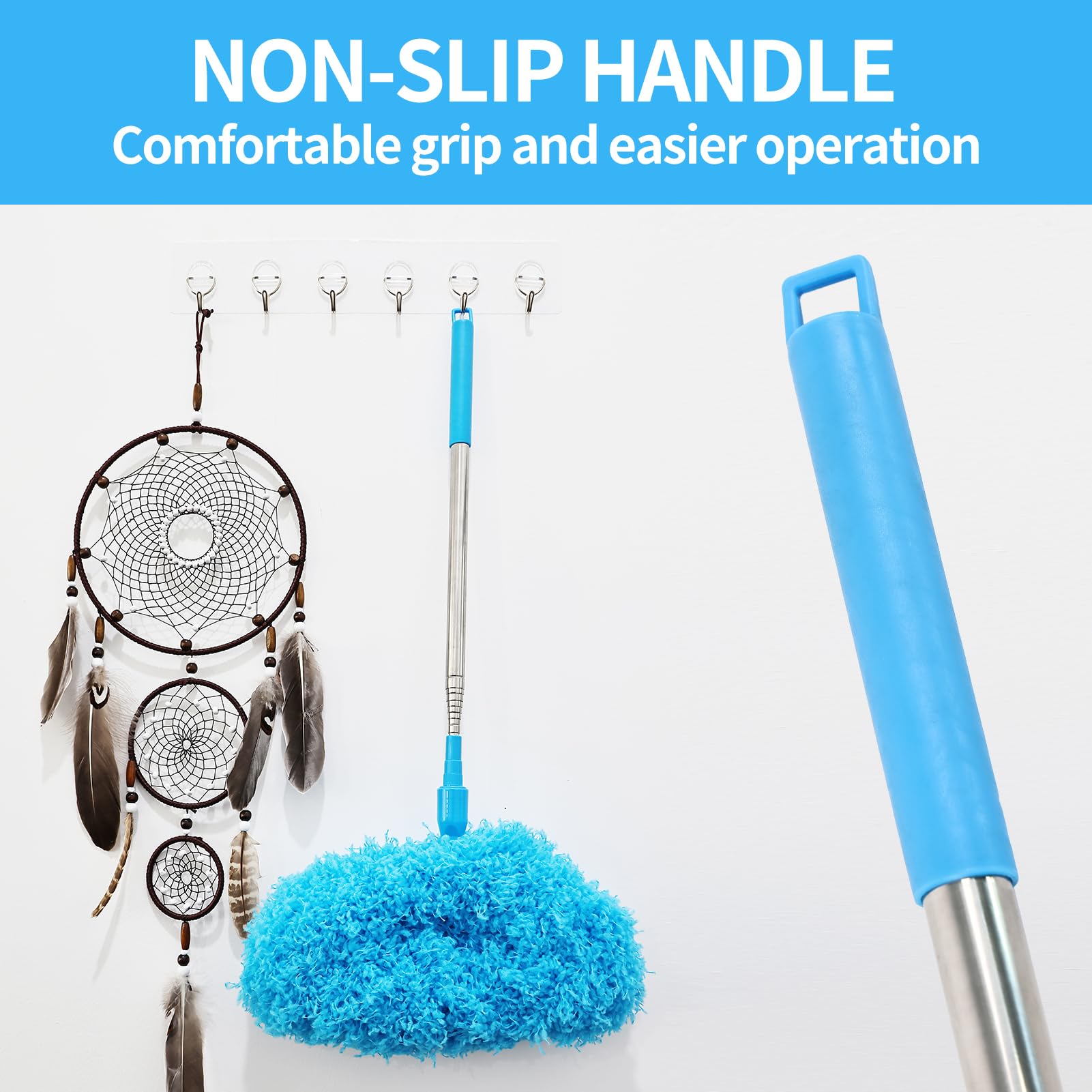 Ceiling Fan Cleaner Duster Reusable Microfiber Removable Duster with Extension Pole Adjusts 12 to 71 Inch for Cleaning Walls Bookshelves Furniture Door Window Top (Blue)