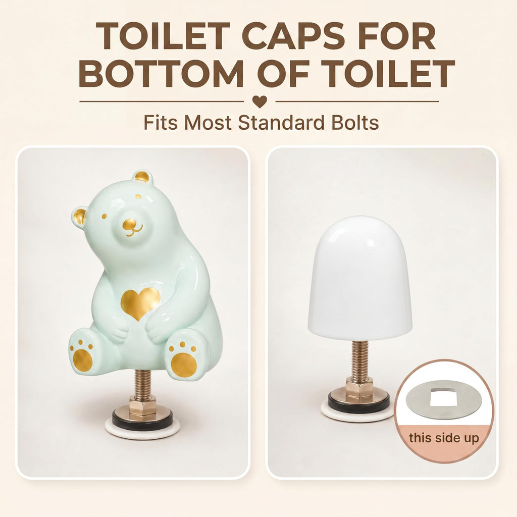 MENNTY Black Polar Bear Toilet Bolt Covers Decorative - 2 Glossy Black Ceramic Toilet Bolt Caps + 4 Universal Toilet Caps for Bottom of Toilet, Modern Monochrome Bathroom Decor