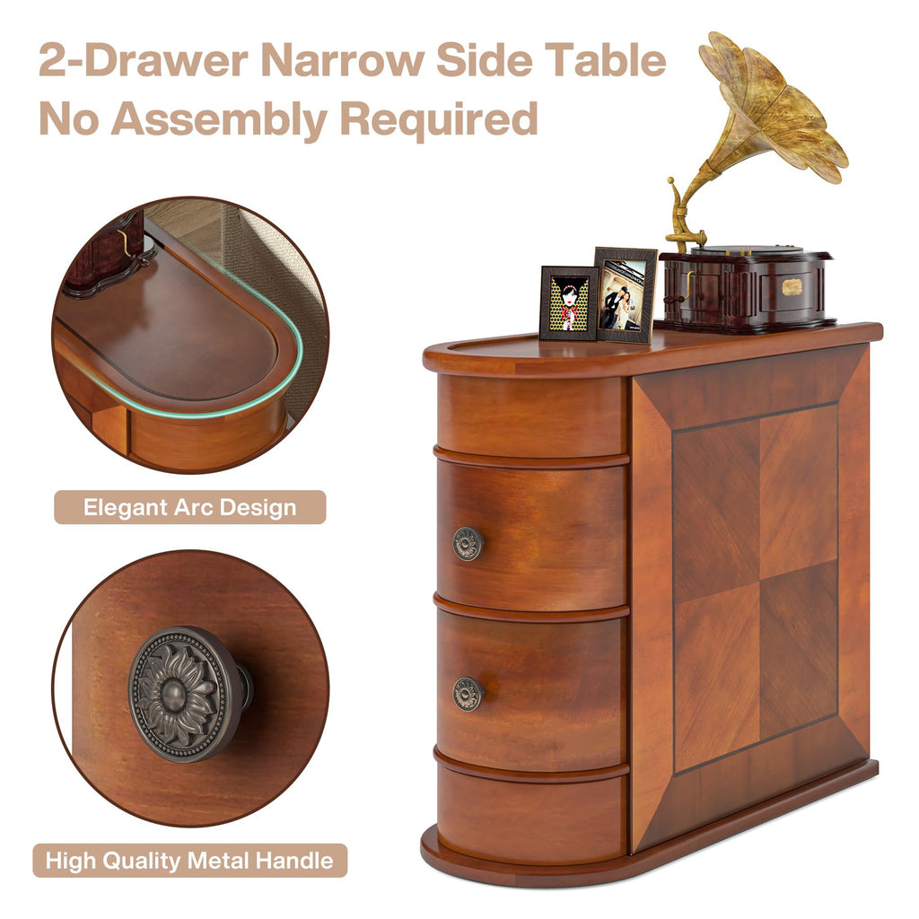 Tribesigns Wood End Table, 2-Drawer Narrow Side Table Slim Chair Solid Side Table, No Assembly Required, Finished Back