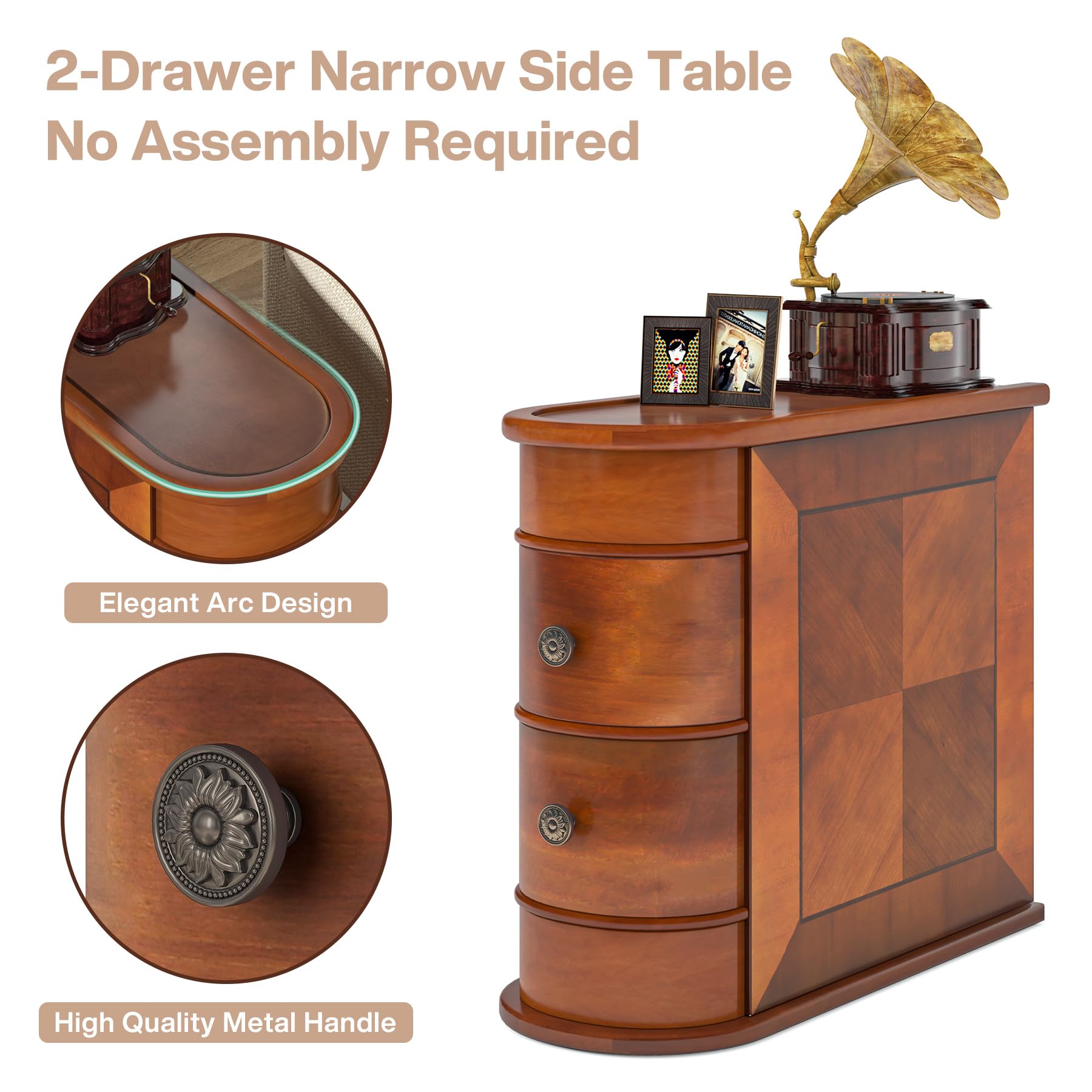 Tribesigns Wood End Table, 2-Drawer Narrow Side Table Slim Chair Solid Side Table, No Assembly Required, Finished Back