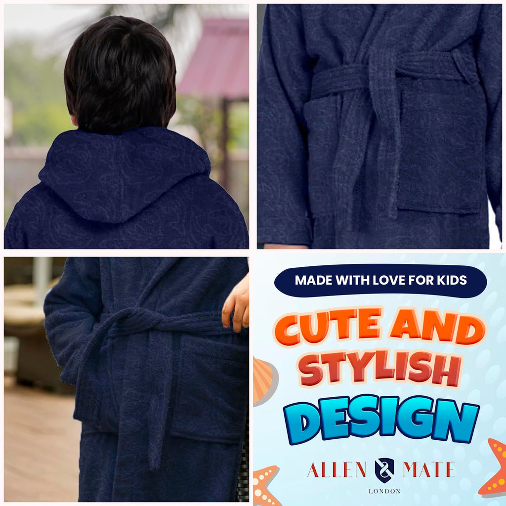 ALLEN & MATE 100% COTTON Hooded Kids Bathrobe – Soft, Medium Weight Absorbent Bath Towel Robe for Boys & Girls, 6-15 Years