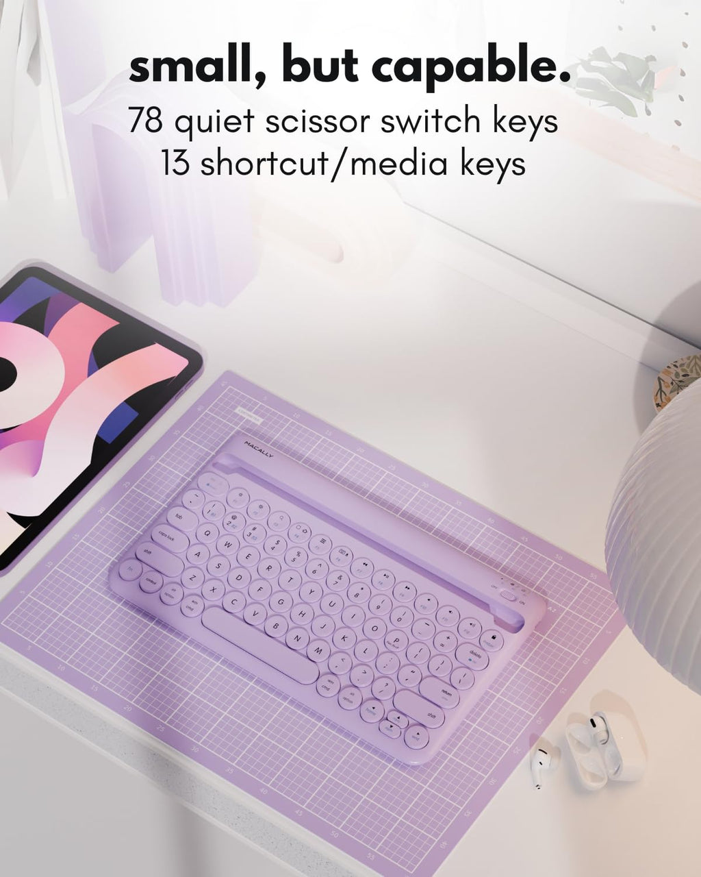 Macally Bluetooth Keyboard for Tablet | Wireless Keyboard for iPad mini/Air/Mini, iPhone (Multi-Device, Built-in Stand, Rechargeable) Easy to Use and Cute Portable