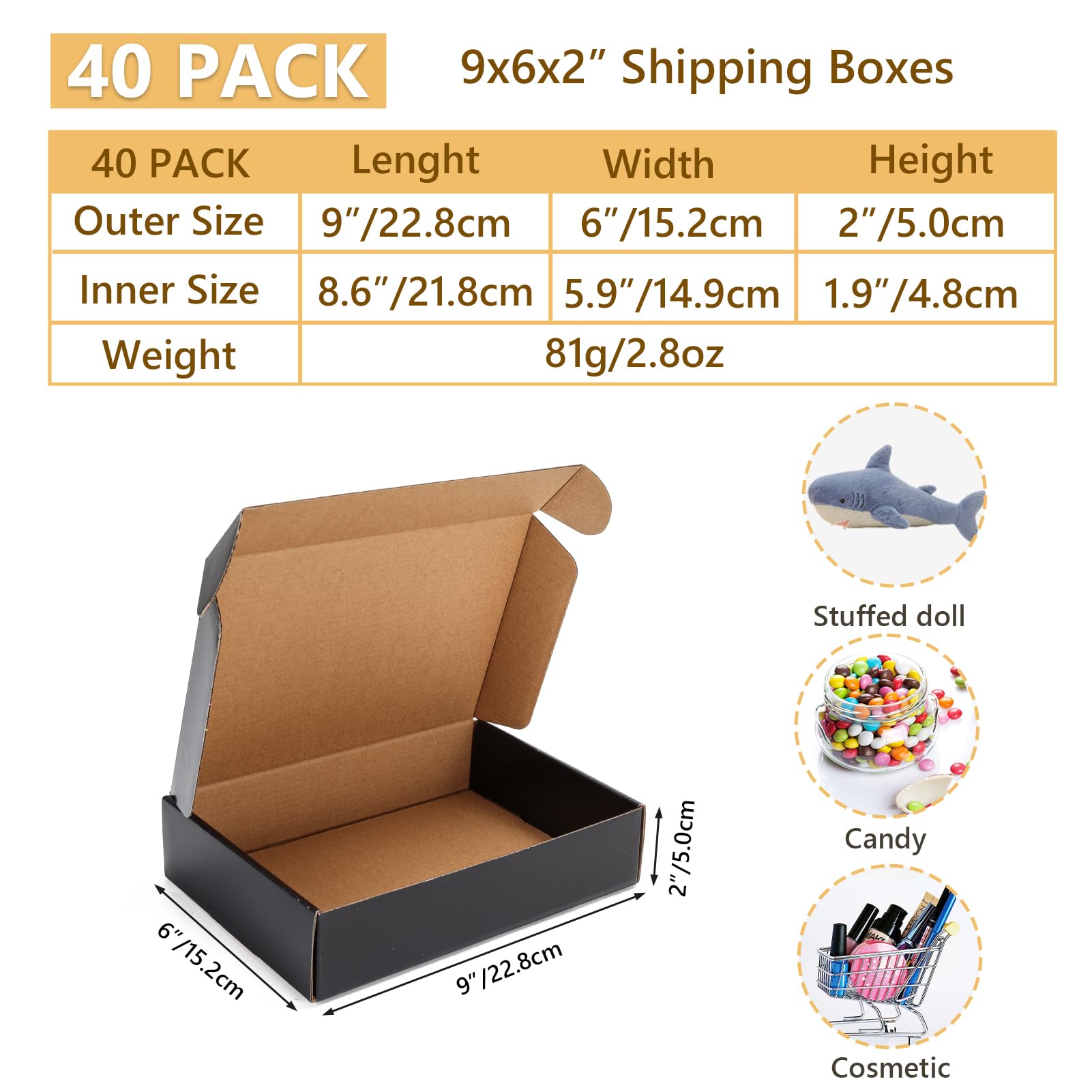 EXYGLO 40 Pack 6x4x3 Shipping Boxes, Black Corrugated Cardboard Boxes for Packaging Small Business, Moving, Shipping, Mailing, and Storing