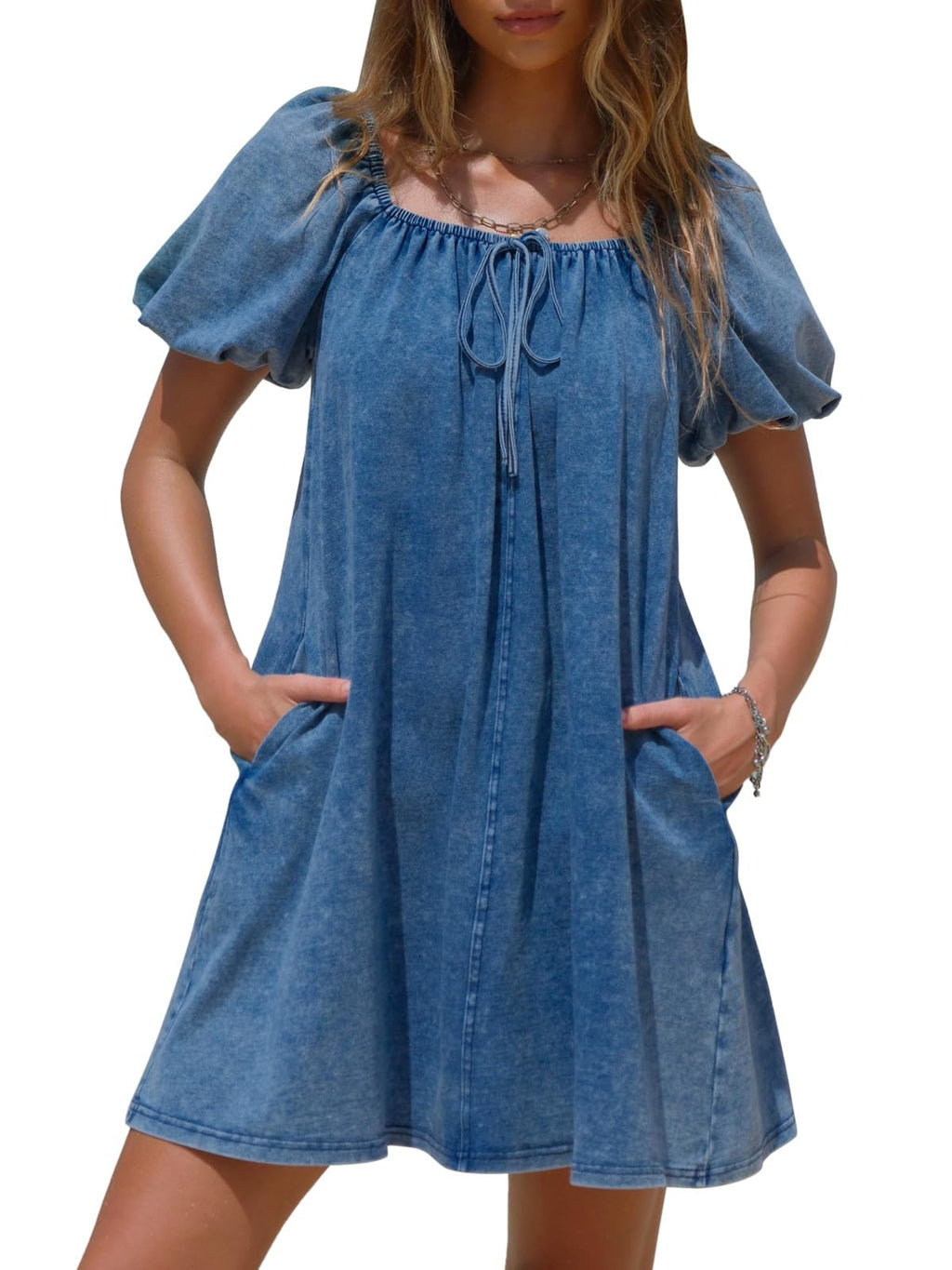 EXLURA Womens Summer Denim Short Puff Sleeve Dresses Knit Loose Plus Size Short Mini Dress 2026 Trendy Spring Outfits