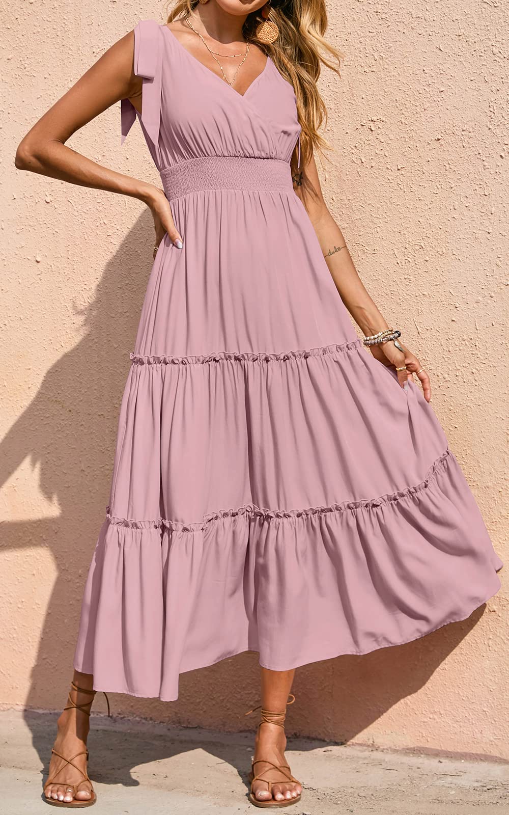 PRETTYGARDEN Women's Cross Neck Summer Sleeveless Tiered Maxi Dress Beach Tie Strap Smocked Long Dresses Pleated Sundress