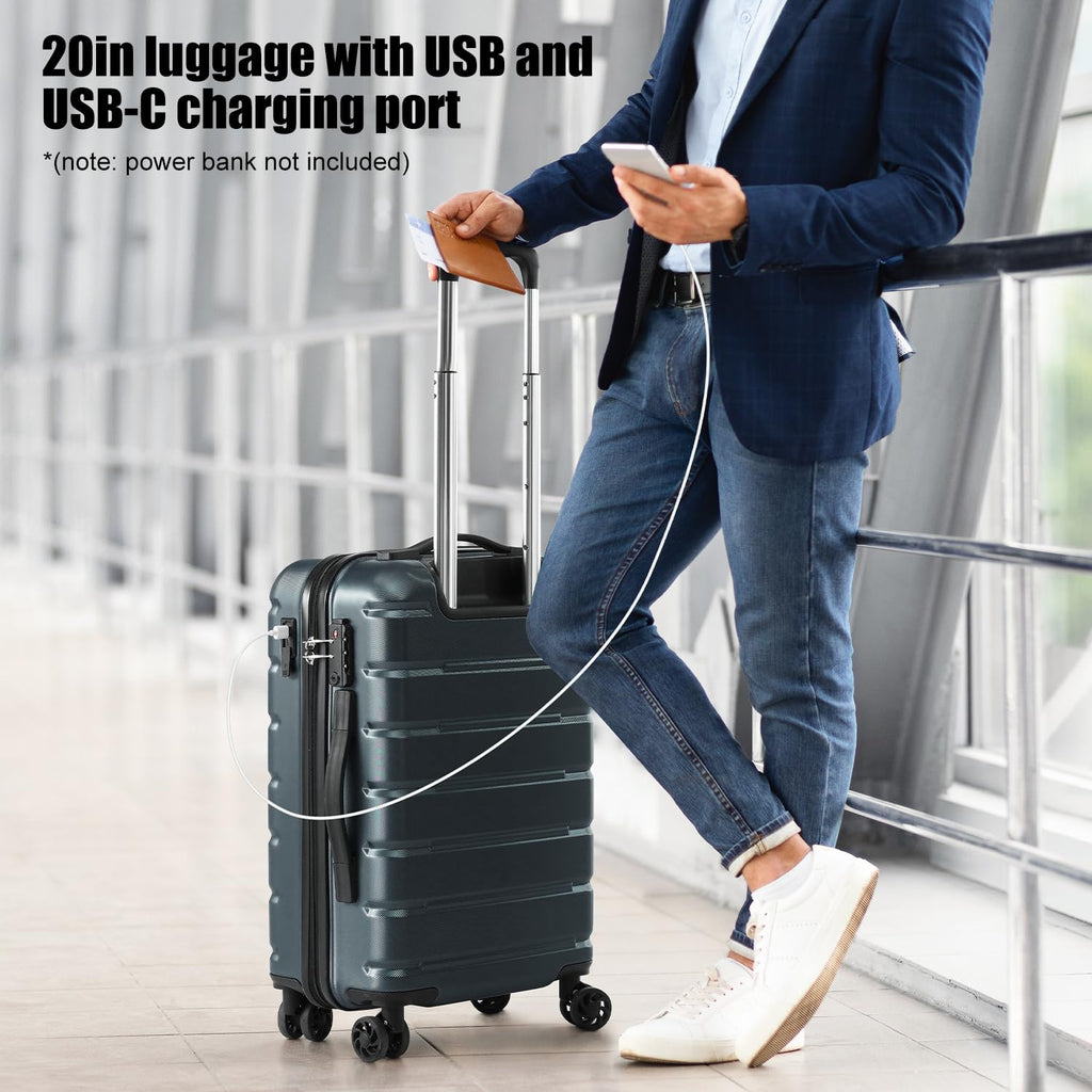 Coolife Luggage Suitcase Carry-on Spinner TSA Lock USB Port Expandable (only 28’’) Lightweight Hardside Luggage (Teal Blue, S(20in_carry on))